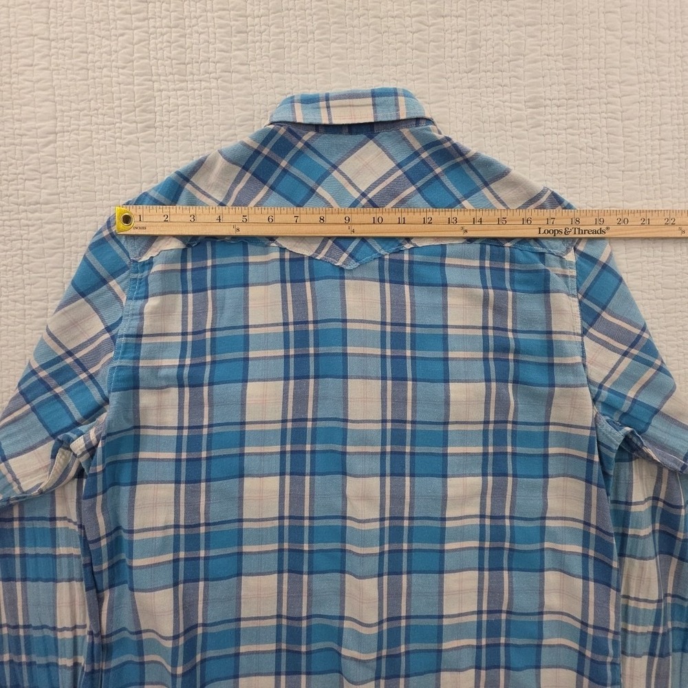 Lucky Brand Button Up Blouse Women's L Blue White Plaid Long Sleeve Pearl Snap - Picture 11 of 16